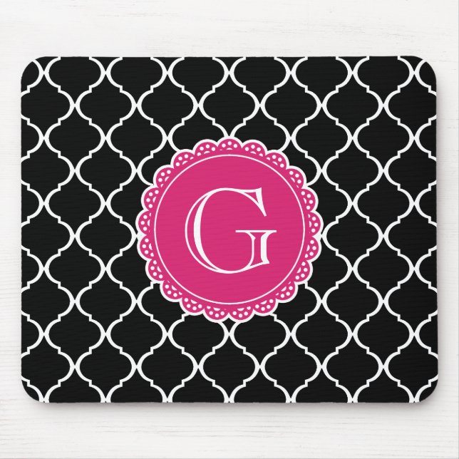 Black Moroccan Lattice Pattern Hot Pink Monogram Mouse Pad (Front)