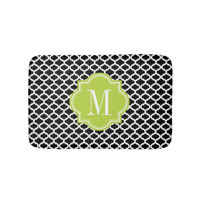 Black Moroccan Pattern with Lime Green Monogram Bath Mat (Front)