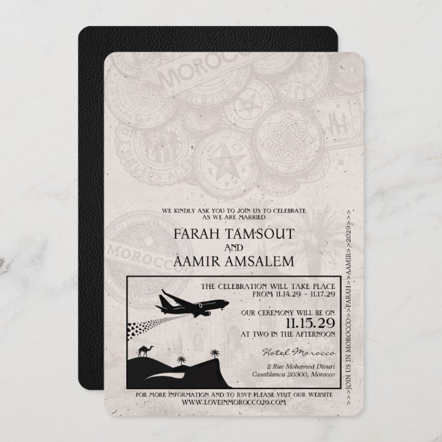 Black Morocco Passport Wedding Invitation (Front/Back)
