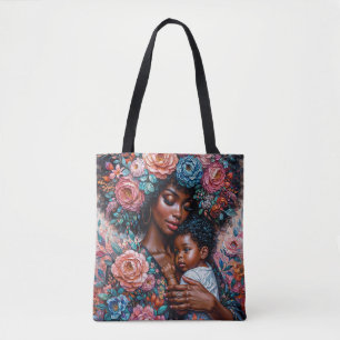 Black Mother and Child Floral Portrait Art Tote Bag