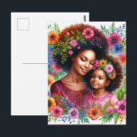 Black Mother and Daughter Floral Watercolor Postcard<br><div class="desc">This vibrant Black mother and daughter floral portrait postcard features a loving mother and her young daughter, both wearing beautiful natural afros adorned with colorful flowers and botanical accents. Their gentle expressions and warm connection capture a tender moment of love, pride, and family bond. Surrounded by a lush arrangement of...</div>