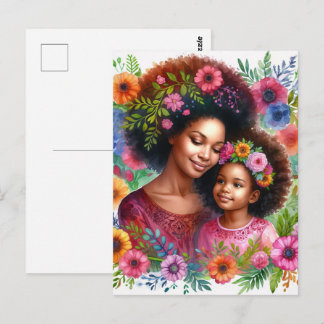 Black Mother and Daughter Floral Watercolor Postcard