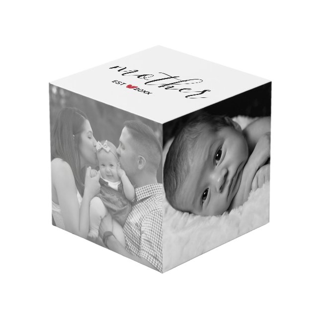 Black Mother Est. Year Red Heart Family Photo Cube (Front Angled)