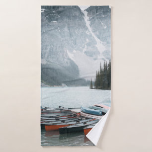 BLACK MOUNTAIN COVERED WITH SNOW UNDER GREY SKY BATH TOWEL