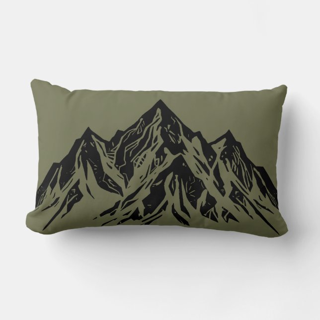 Black Mountain Peak | Modern Moss Green Hiking Lumbar Cushion (Front)