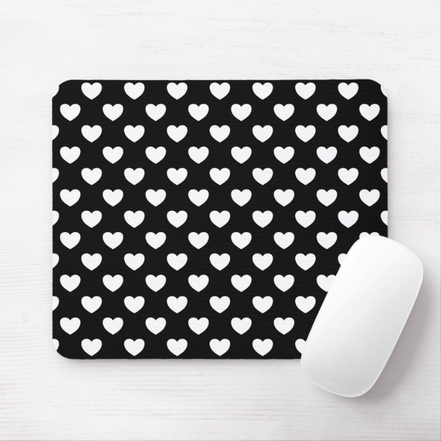 Black Mousepad With Stylish White Hearts Pattern (With Mouse)