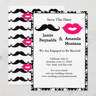 Black Moustache and Pink Lips Couple Save the Date Invitation