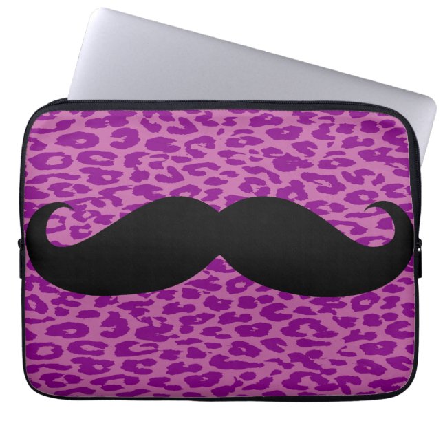 Black Moustache on Leopard Print Laptop Sleeve (Front)