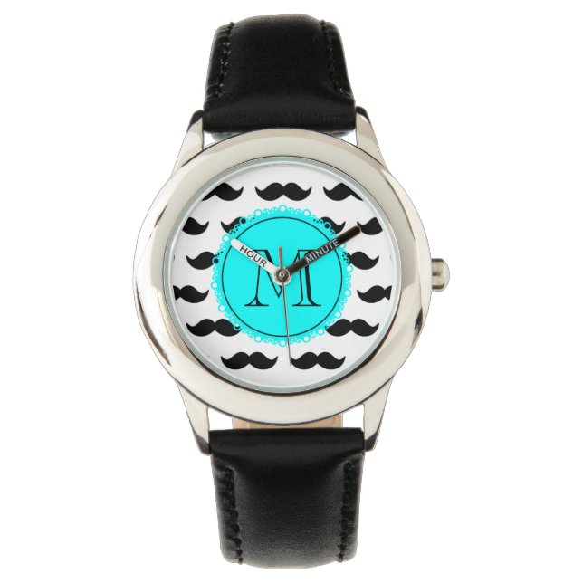 Black Moustache Pattern, Aqua Blue Monogram Watch (Front)