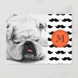 Black Moustache Pattern, Coral Monogram Postcard