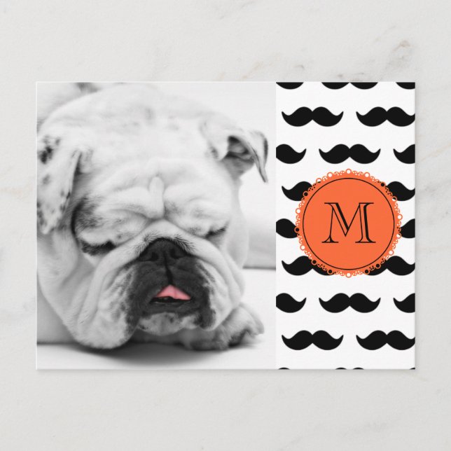 Black Moustache Pattern, Coral Monogram Postcard (Front)