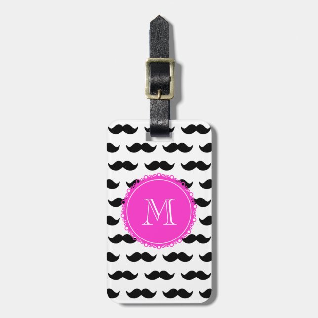 Black Moustache Pattern, Hot Pink Monogram Luggage Tag (Front Vertical)