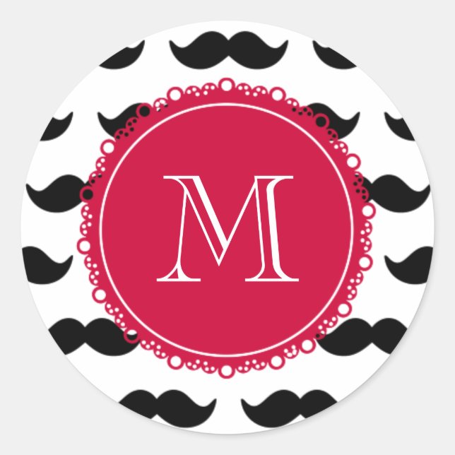 Black Moustache Pattern, Red Monogram Classic Round Sticker (Front)