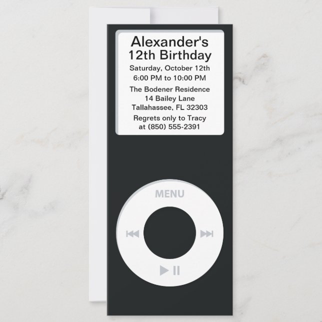 Black MP3 Player iParty Birthday Party Invitation (Front)