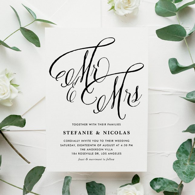 Black Mr and Mrs Rustic Script QR Code Wedding Invitation Postcard (Black Mr and Mrs Rustic Script QR Code Wedding Invitation Postcard)