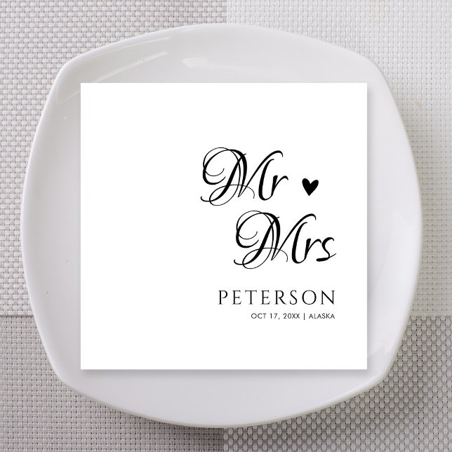 Black Mr & Mrs Heart Wedding Custom Napkin (Black Mr and Mrs heart wedding custom napkins personalized with names for cocktail dinner)