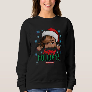 Black Mrs. Claus Hat Peeking Happy Holidays Black Sweatshirt