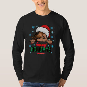 Black Mrs. Claus Hat Peeking Happy Holidays Black  T-Shirt