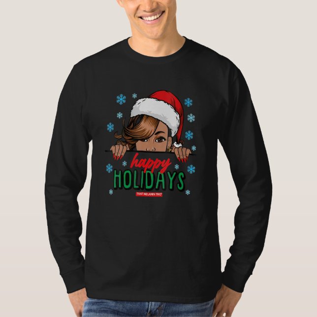 Black Mrs. Claus Hat Peeking Happy Holidays Black  T-Shirt (Front)