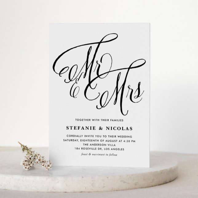 Black Mrs & Mrs Rustic Script QR Code Wedding Invitation (Black Mrs and Mrs Rustic Calligraphy QR Code Wedding Invitation)