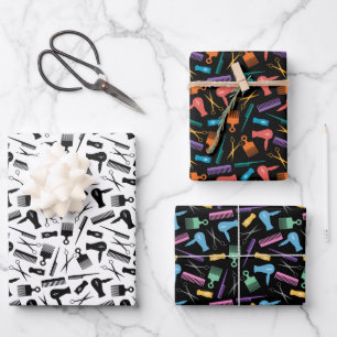 Black Multicolor Barber Tools Silhouette Patterns Wrapping Paper Sheet