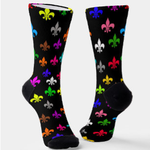 Black Multicolored Fleur-de-lis Pattern Design Socks
