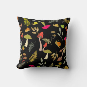 Black Mushroom Botanical Throw Pillow
