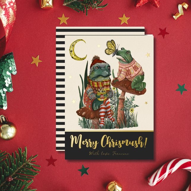 Black Mushroom Frog and Toad Merry Christmas   Foi (Black and real gold foil Christmas flat card with a whimsical illustration of frogs on mushrooms)