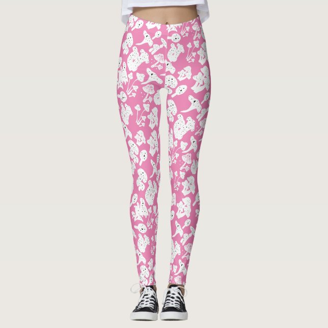 Black mushroom pattern 01b Pink BG Leggings (Front)