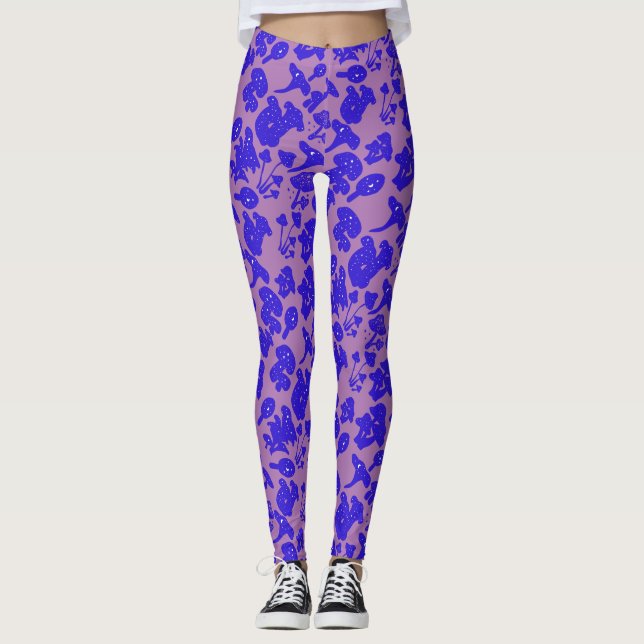 Black mushroom pattern 01blue Lpurple BG Leggings (Front)