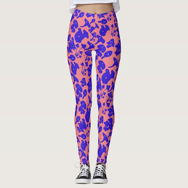 Black mushroom pattern 01blue Pink BG Leggings (Front)
