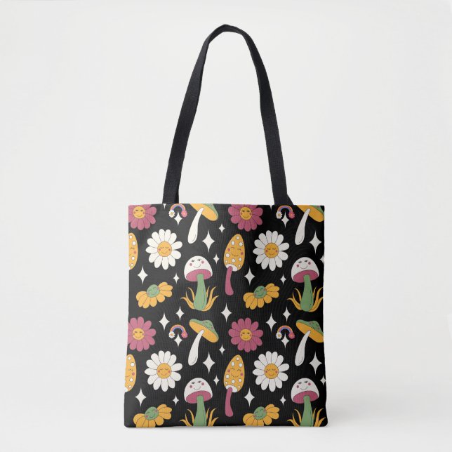 Black Mushroom, Rainbow and Daisies Pattern Tote Bag (Front)
