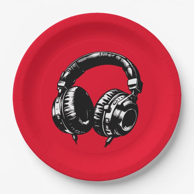 Black Music Headphones Dance DJ Birthday Party Paper Plate (Front)
