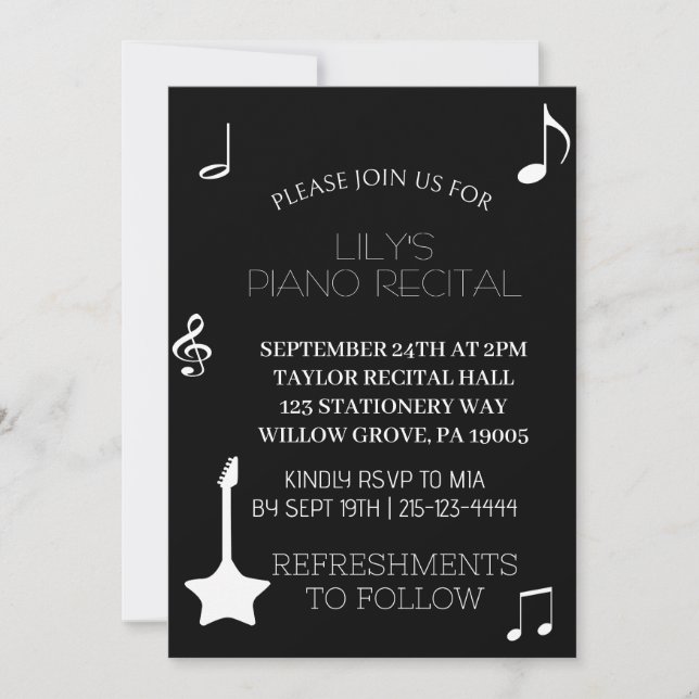 Black Musical Note Piano Recital Invitation (Front)