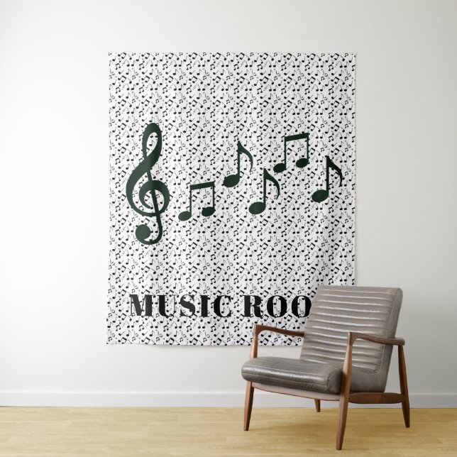 Black Musical Notes Design Wall Tapestry (In Situ)