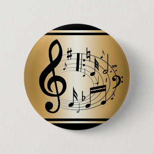 Black musical notes in oval shape on gold 6 cm round badge
