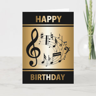 Black musical notes in oval shape on gold birthday