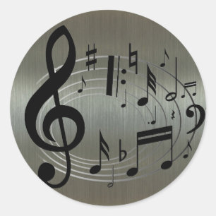 Black musical notes on aluminium background classic round sticker