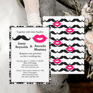 Black Mustache and Pink Lips Couple Wedding Invite