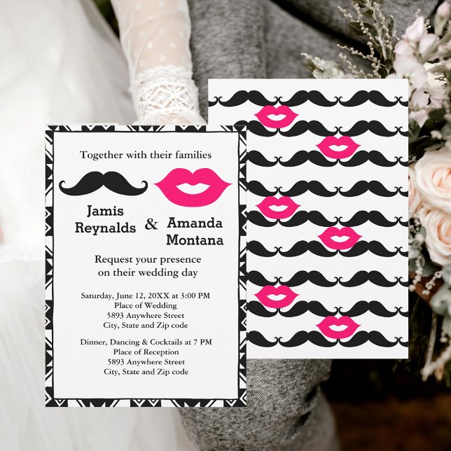 Black Mustache and Pink Lips Couple Wedding Invite (Black Mustache and Pink Lips Couple Wedding Invite)