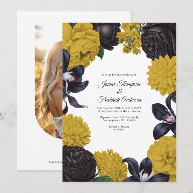 Black & Mustard Photo/QR Code Floral Wedding Invitation (Front/Back)