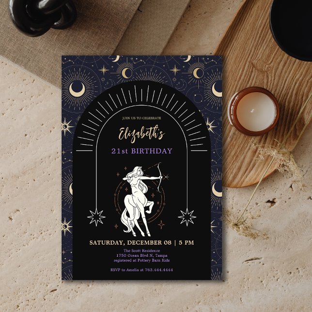 Black Mystic Sagittarius Zodiac 21st Birthday  Invitation (Black Mystic Sagittarius Zodiac 21st Birthday Invitation)