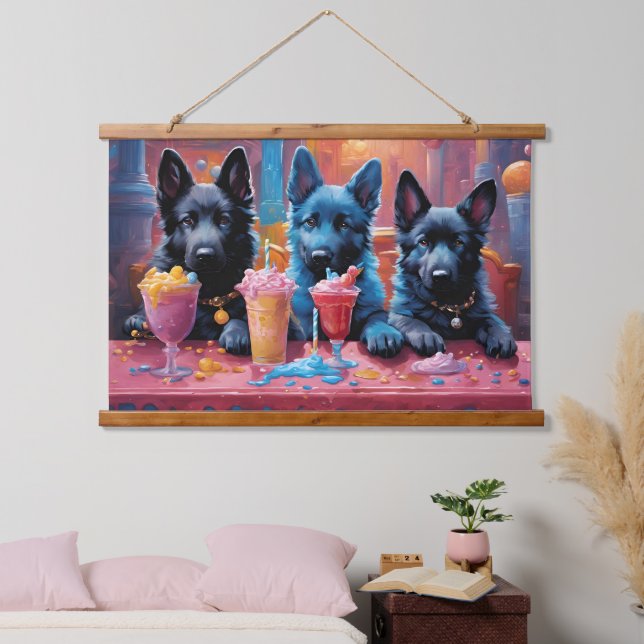 Black N Blue German Shepherd Puppies N Milkshakes Hanging Tapestry (Bedroom)