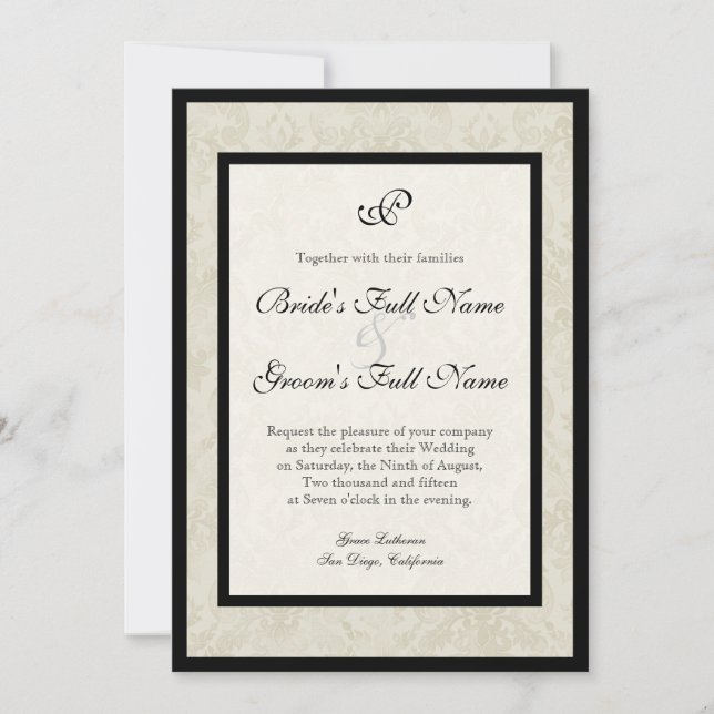 Black n Cream Fleur de Lis Damask Wedding Invitation (Front)