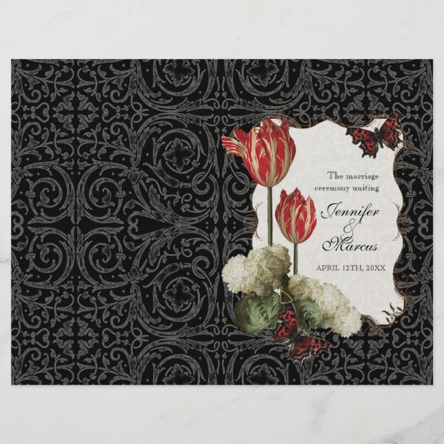 Black n Cream Red Tulip Damask - Wedding Program (Front)