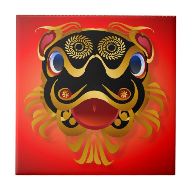 Black 'n Gold Chinese Dragon Face Tiles 'n' Trivet (Front)