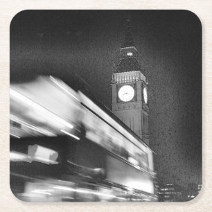Black-n-White Big Ben - Double Decker Bus - London Square Paper Coaster