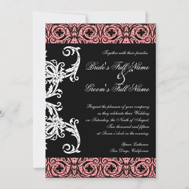 Black n White Chandelier Damask Wedding Invites (Front)