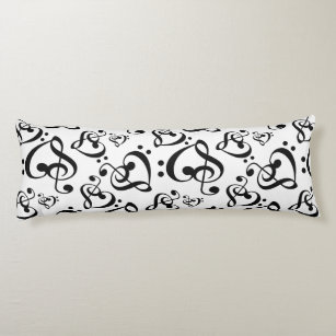 Black N White Clef Hearts Pattern Music Notes Body Cushion