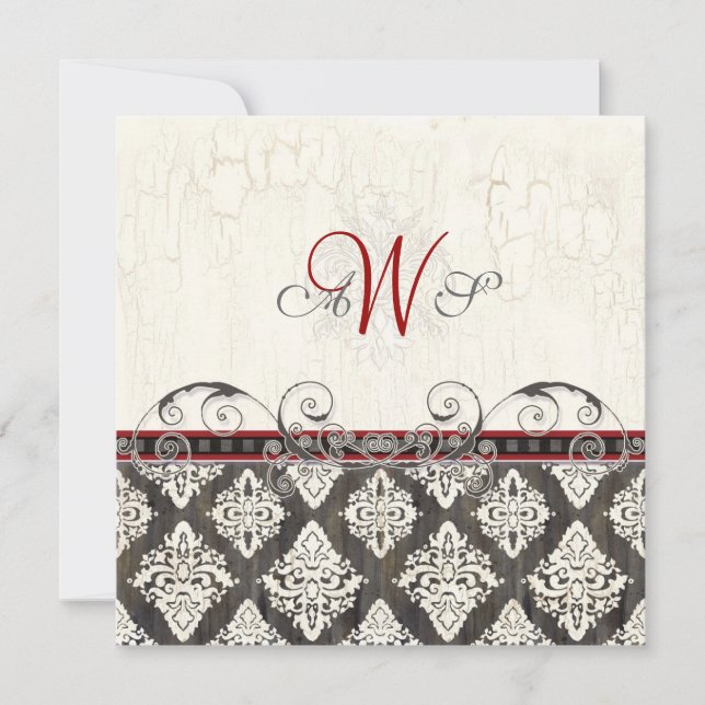 Black 'n White Damask (red) Wedding Invitation (Front)
